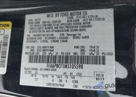 2021 Ford Mustang Gt Fastback из США, поврежденный, VIN 1FA6P8CF1M5105598